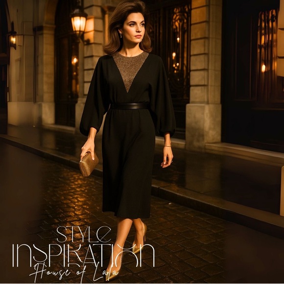 Vintage 80s 90s Black Cocktail Dress Gold Detail. Formal Gown - Picture 3 of 10